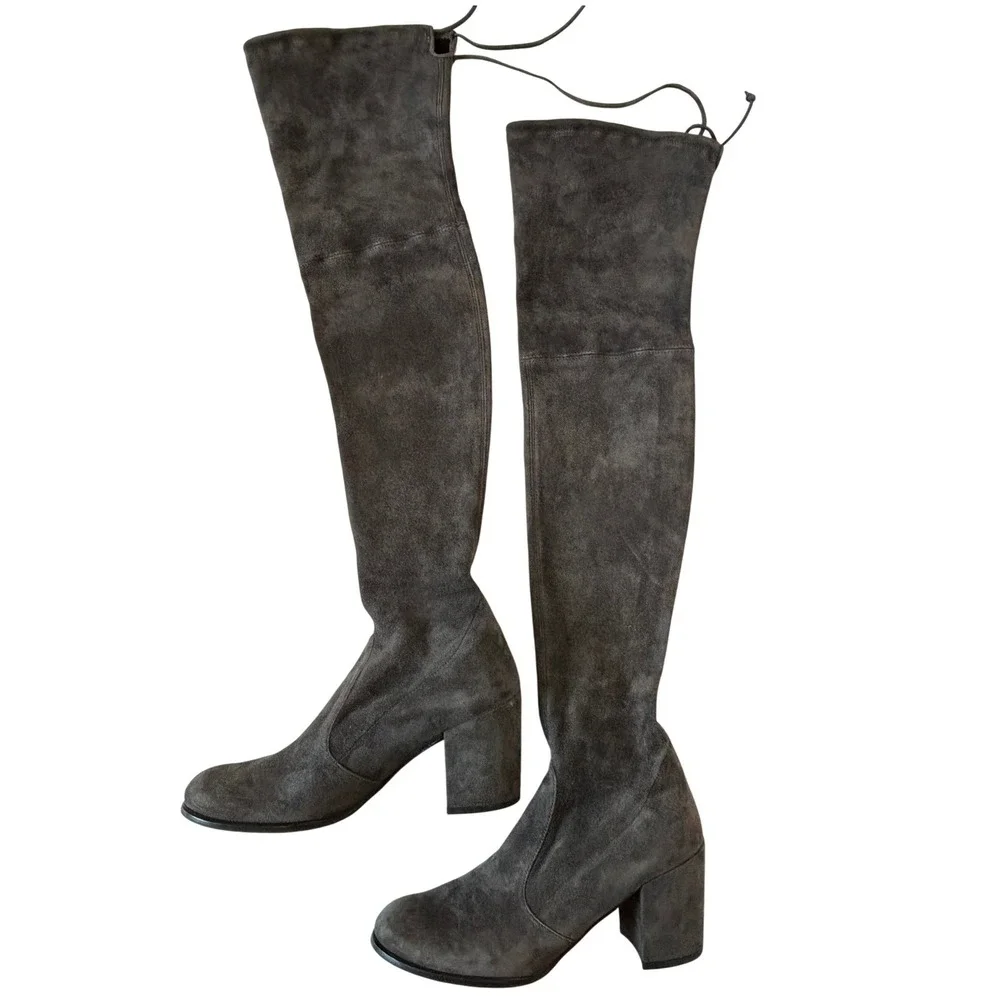 Stuart Weitzman Tieland Over The Knee Boot Grey Womens 8.5 Suede Block Heel